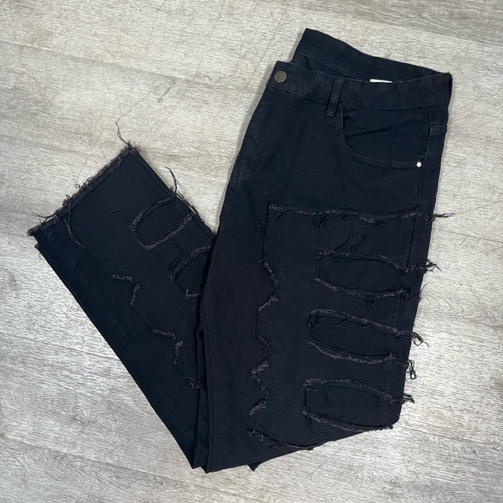 Men’s Black Heavy Distressed Streetwear Jeans Size 40 Raw Hem Grunge